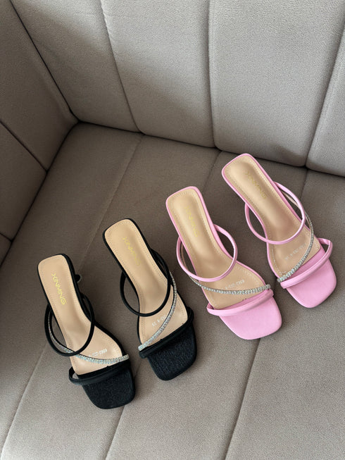 Women Rhinestone Embedded Straps Slid-On Heels